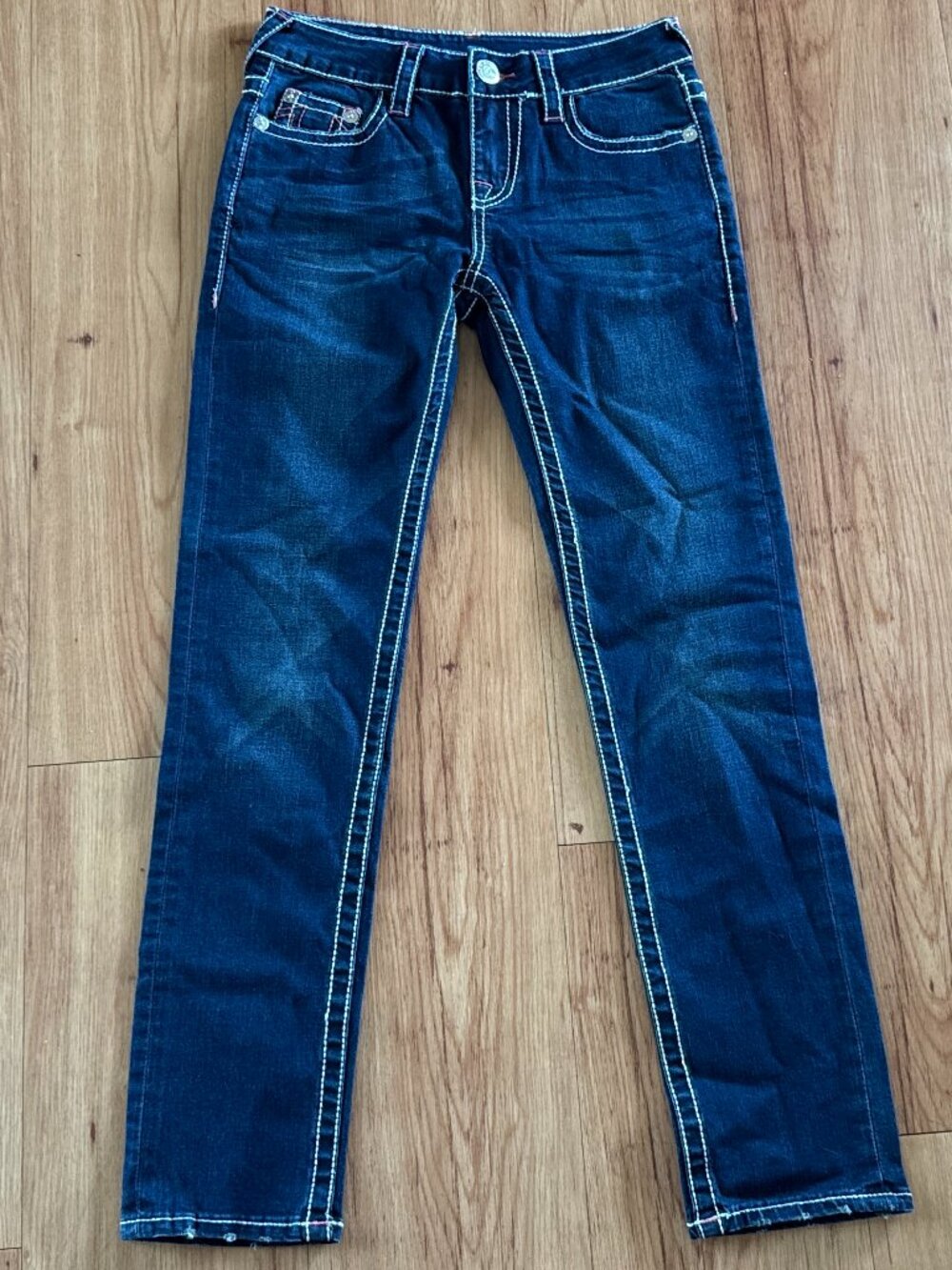 True Religion Ladies “Big T” skinny straight jeans Sz 12 Logos Thick Stitching